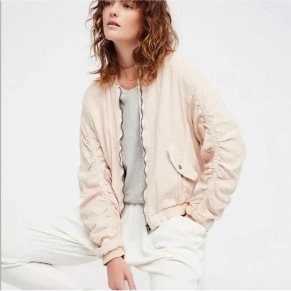Free People Linen Ruched Bomber Jacket Oversized